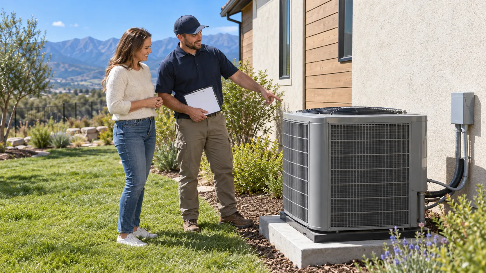Friendly HVAC provider and homeowner reviewing a new outdoor AC unit beside a West Jordan home