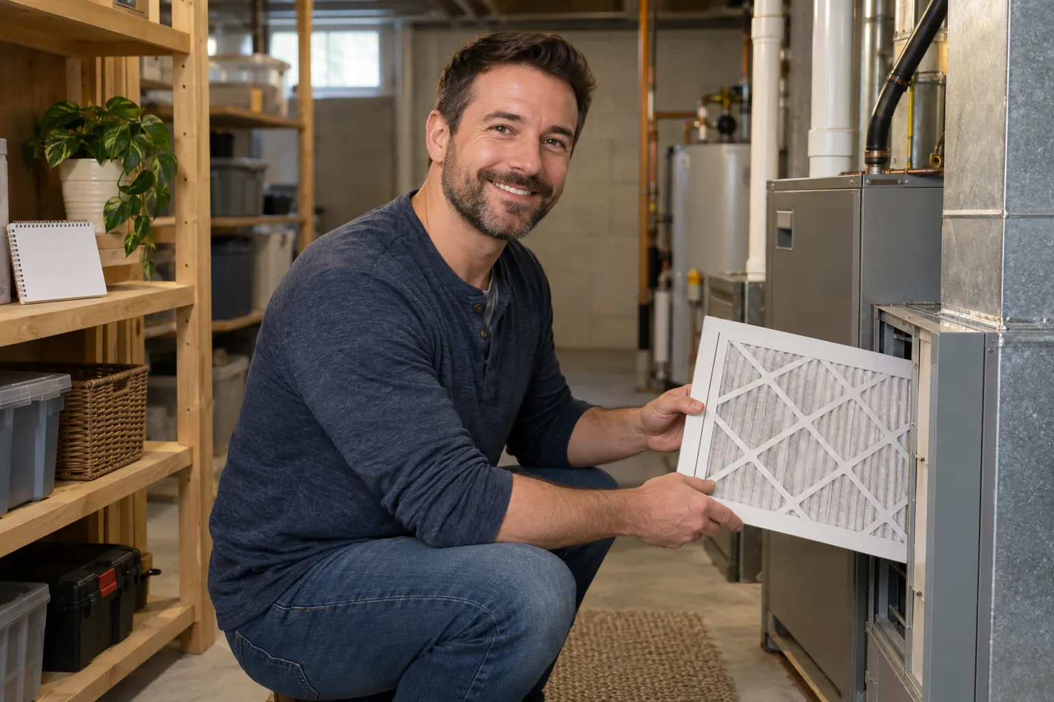 Homeowner checking a furnace filter in a basement in the West Jordan area